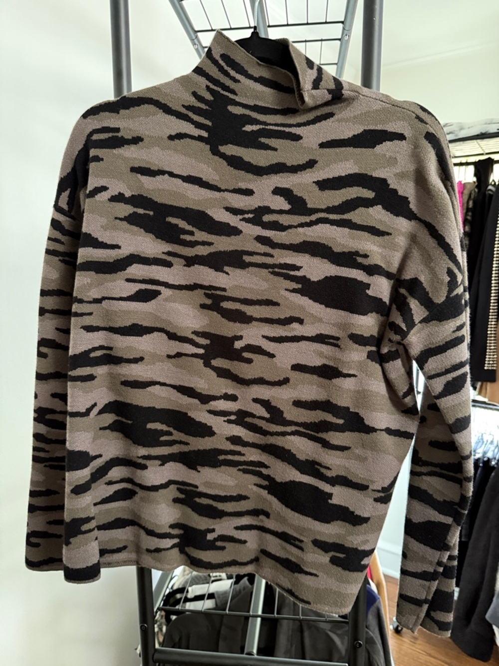 Tahari Taupe and Black Camouflage Turtleneck Sweater